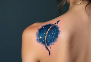 A Sagittarius bow and arrow with the constellation embedded surrounded by midnight blue. tattoo idea