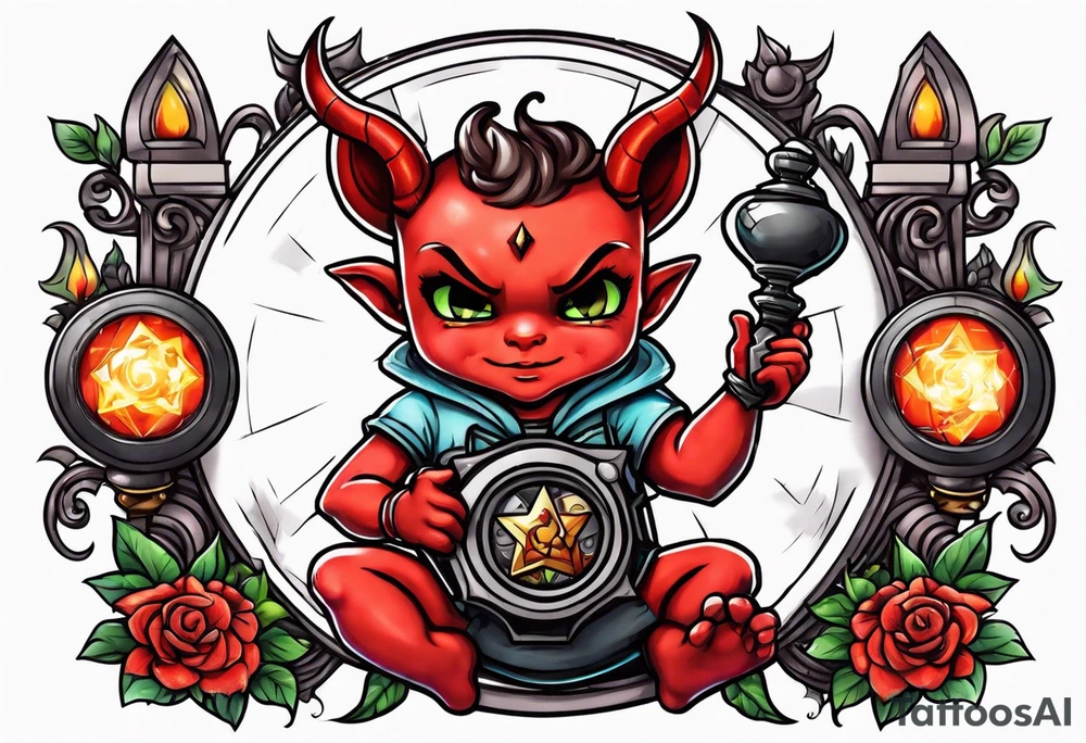 cute devil boy holding a time bomb tattoo idea