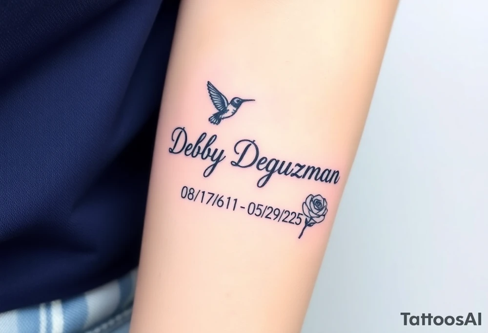 Tattoo of the exact name Debby Deguzman in chunky curly cursive with the exact dates of 08/17/61-05/29/25 surrounded by 1 hummingbird and 1 rose tattoo idea