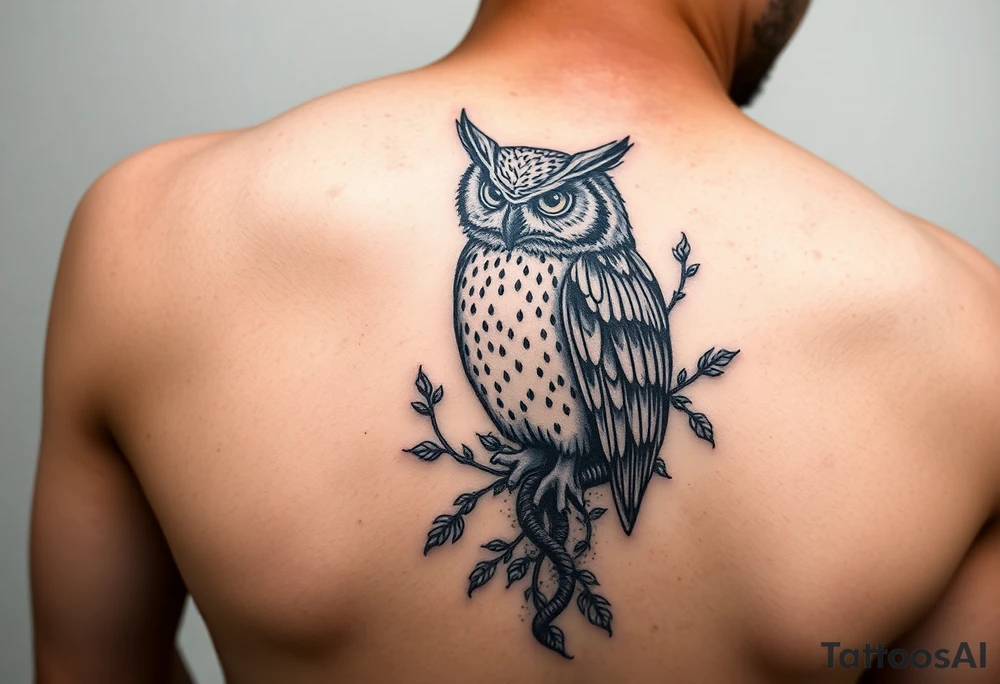 Upper arm tattoo of owl vine crawling upward and wrapping owl 333 incorporated with the owl and vine tattoo idea