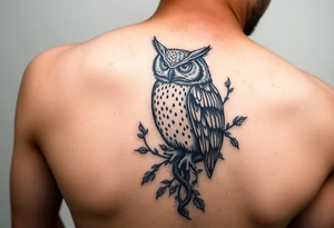 Upper arm tattoo of owl vine crawling upward and wrapping owl 333 incorporated with the owl and vine tattoo idea
