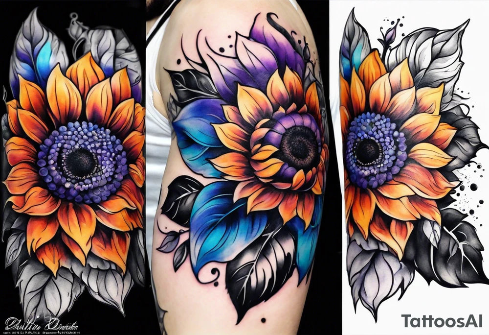 Full arm sleeve with purple, orange and blue sunflowers tattoo idea