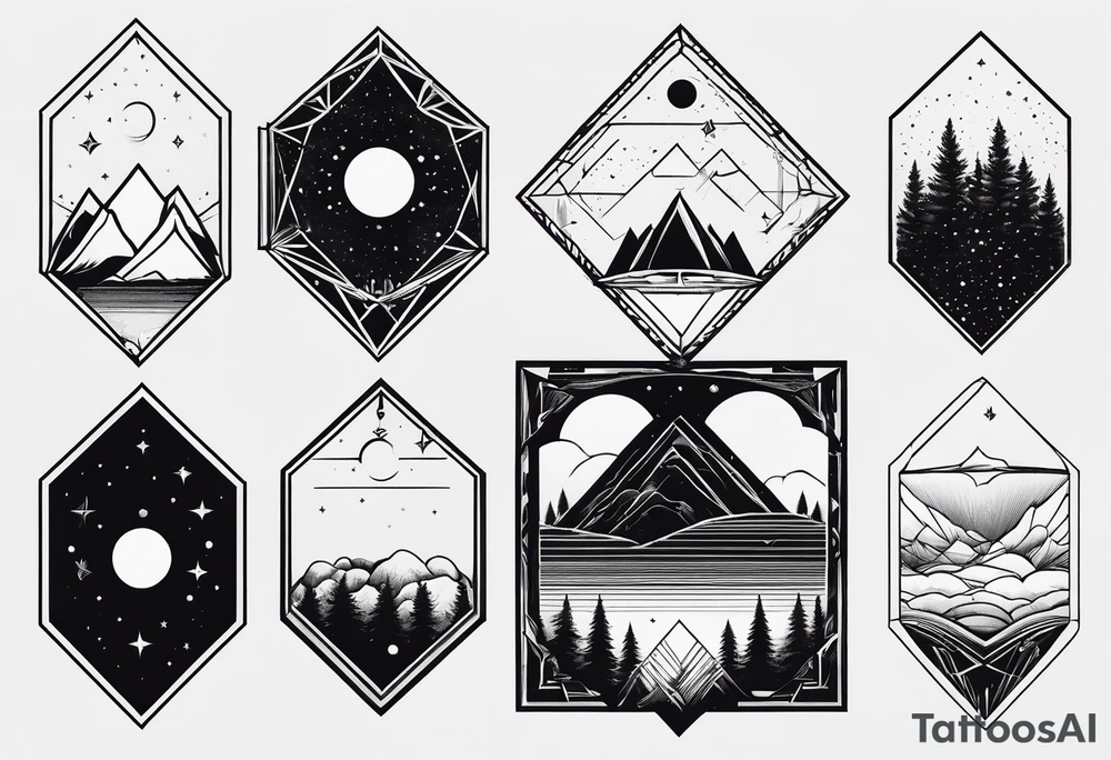 thick line art of space and nature in diamond shape and negative space tattoo idea