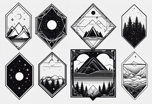thick line art of space and nature in diamond shape and negative space tattoo idea