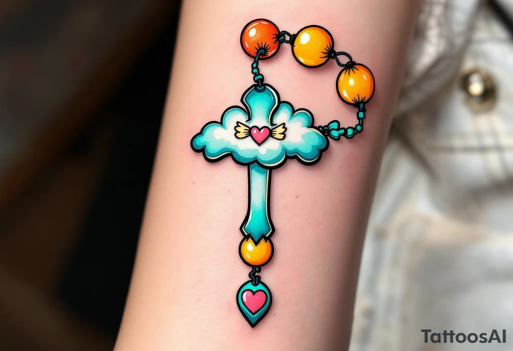 Whimsical comic‑book rosary draped in a gentle spiral around the forearm: oversized beads shaped like shiny gumdrops in sunset orange, lemon yellow, and cotton‑candy pink, connected by a chunky teal ribbon that forms playful bows between each decade; the dangling crucifix is a stylized teal‑and‑white cloud with little wings and a tiny heart at its center. Bold ink outlines and soft gradient shading give the piece a fun Saturday‑morning‑cartoon feel. tattoo idea