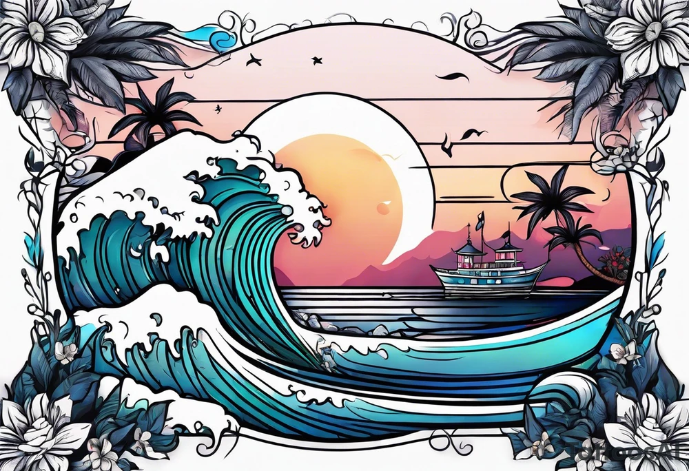 sea,, night, flower, palm, tattoo idea