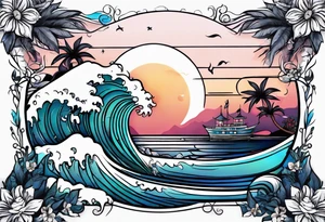 sea,, night, flower, palm, tattoo idea