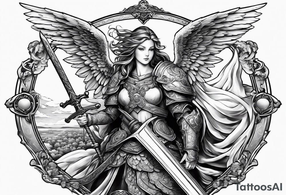 Angels with sword & Shield in sky tattoo idea