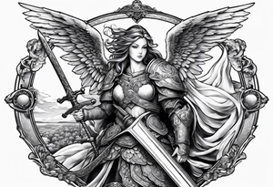 Angels with sword & Shield in sky tattoo idea