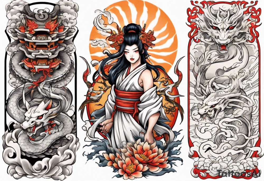 Japanese tattoo sleeve with amaterasu goddes on the shoulder and dragon along the hand tattoo idea