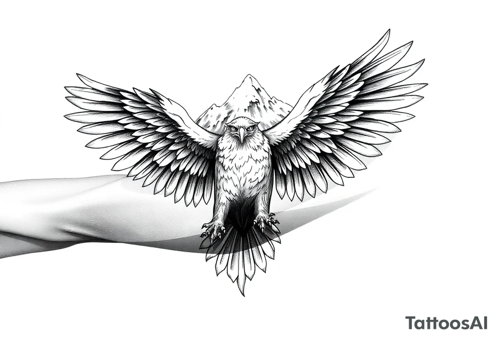 majestic eagle spreading wings against mountain peaks tattoo idea
