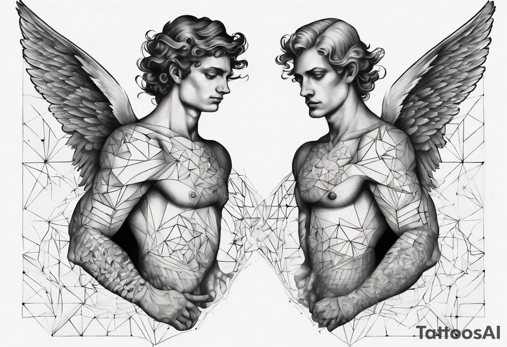 Two angels as brothers portrayed as geometric code tattoo idea