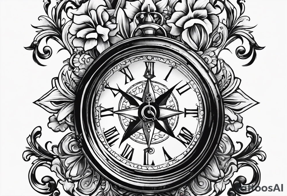 fleur de lis with compass and clock tattoo idea