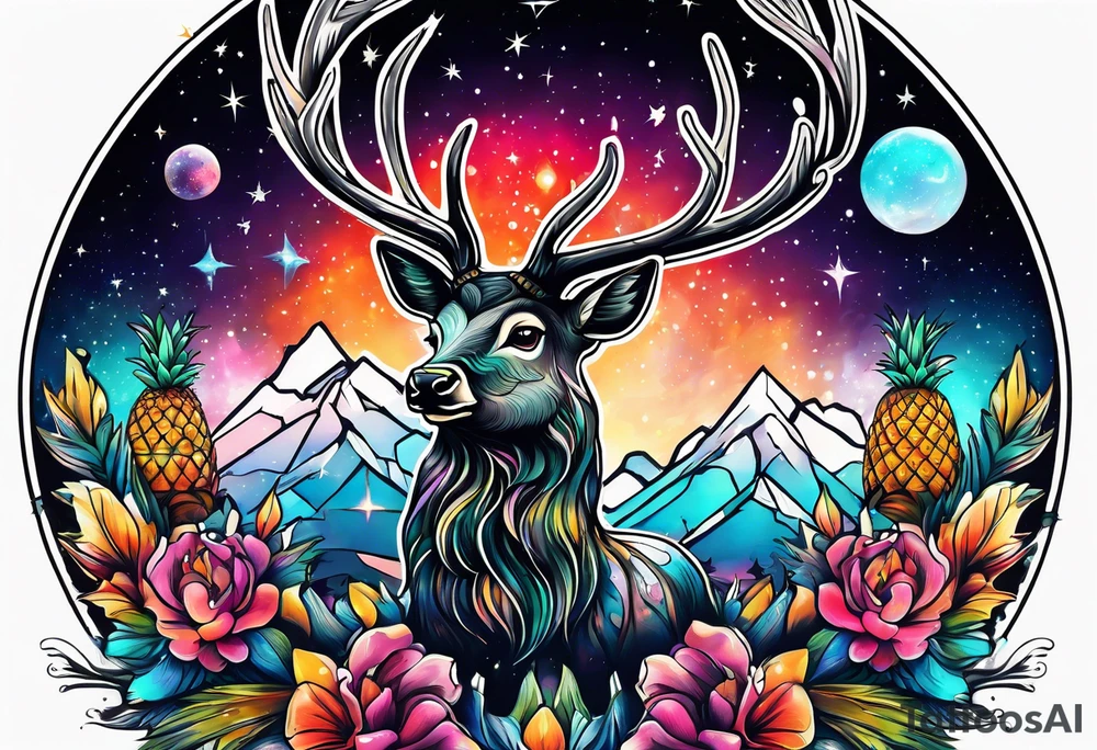 stag featuring colours of the universe and galaxies and pineapples in amsterdam tattoo idea