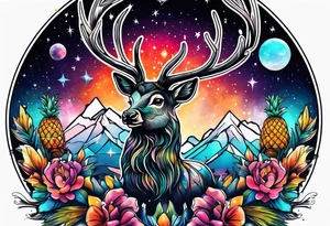 stag featuring colours of the universe and galaxies and pineapples in amsterdam tattoo idea