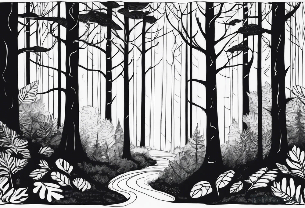 Draw me a Magical forest with s lot of trees in 2D and every tree is black and you see every treetop tattoo idea
