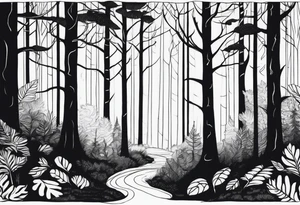 Draw me a Magical forest with s lot of trees in 2D and every tree is black and you see every treetop tattoo idea