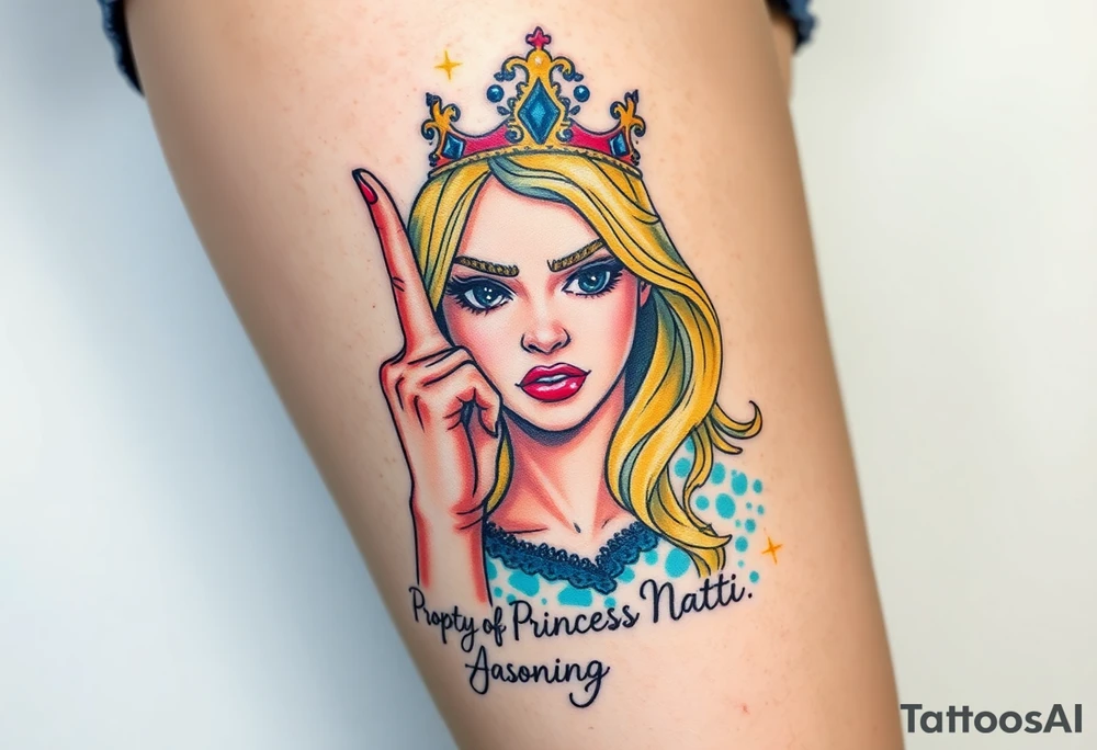 powerful blond findomme princess with crown on, holding up her middle finger with look of disgust on her face being pathetic with caption “Property of Princess Natti” tattoo idea