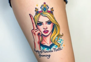 powerful blond findomme princess with crown on, holding up her middle finger with look of disgust on her face being pathetic with caption “Property of Princess Natti” tattoo idea