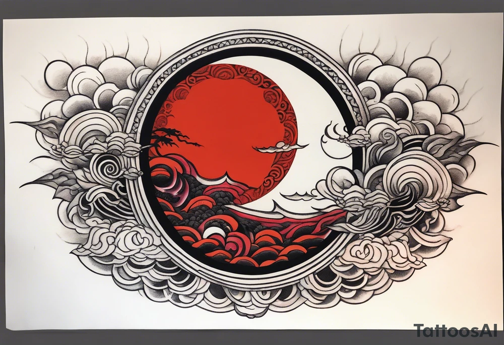 eclipse, vibrant colors (reds and blacks), dark fantasy tattoo idea