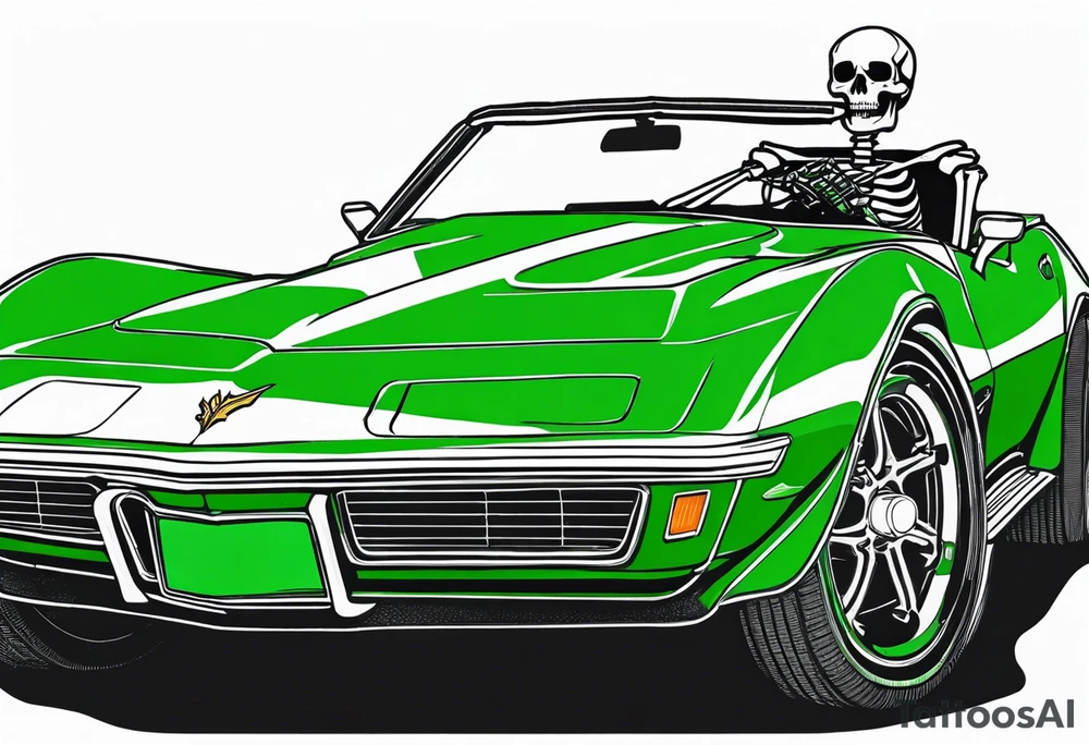 Skeleton smoking a cigarette driving a green 1976 convertible Corvette tattoo idea
