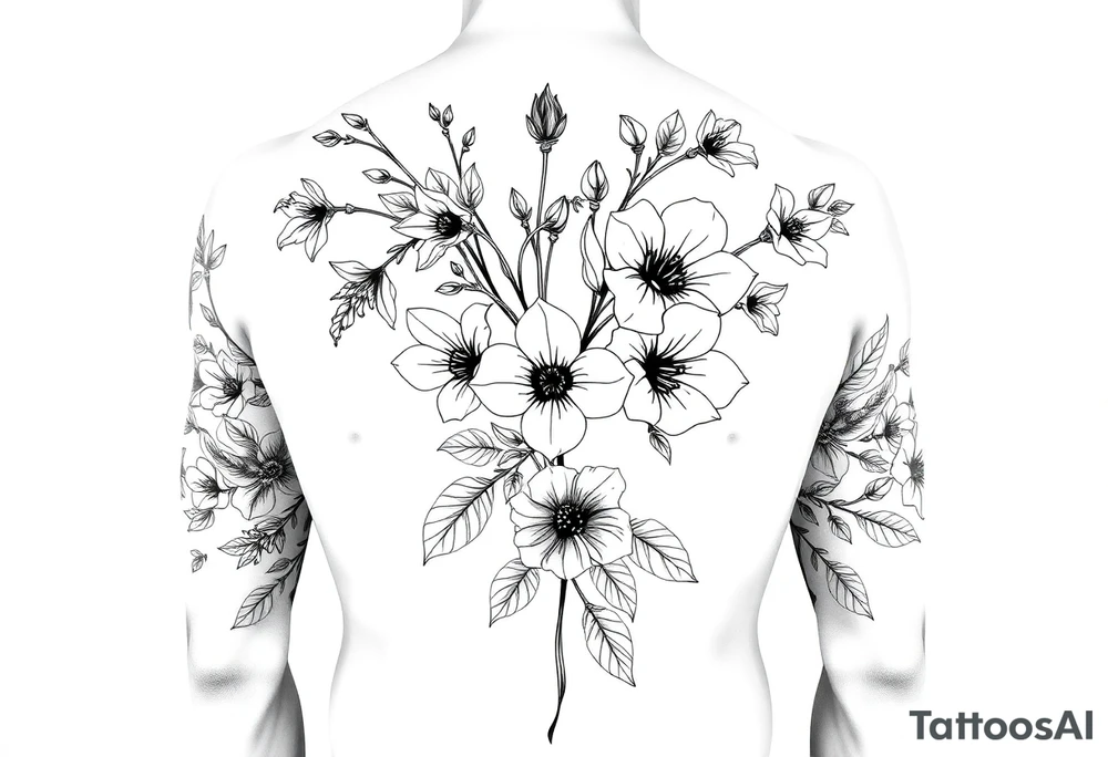 Full sleeve tattoo design of larkspur and hawthorn flowers, highly detailed line art, black ink, elegant botanical style, intertwined composition, no shading, no human mock-up, clean stencil style suitable for tattooing, fit fully within boundaries. LINE ART ONLY, REMOVE HUMAN, NO SKIN tattoo idea