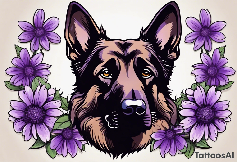 Dark Brown German shepherd portrait surrounded by purple daisies tattoo idea