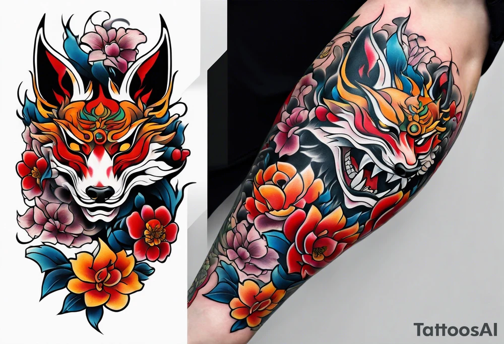 Neotraditional tattoo sleeve with a broke in half oni mask with flowers and kitsune coming out of it tattoo idea