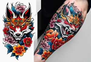 Neotraditional tattoo sleeve with a broke in half oni mask with flowers and kitsune coming out of it tattoo idea