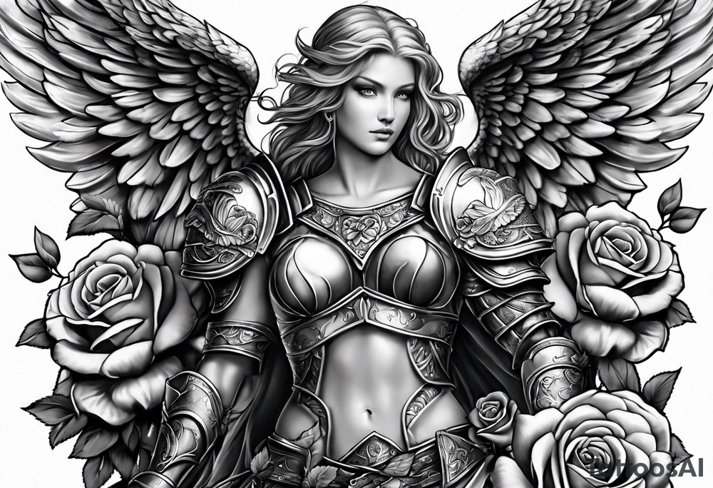 Angel in armor with roses tattoo idea
