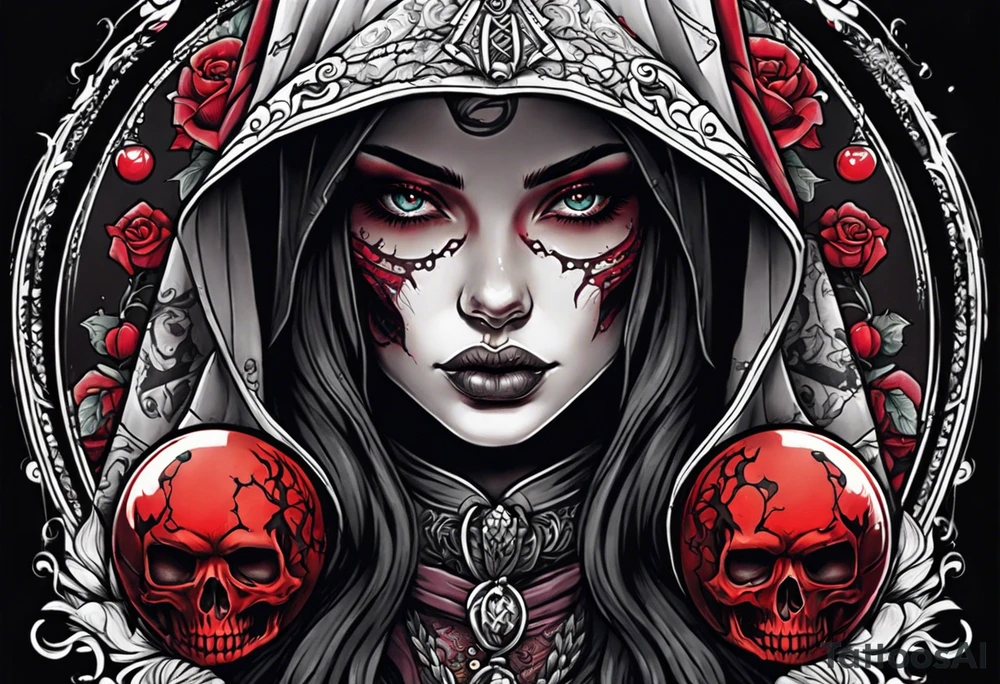 Bright bold Neo traditional tattoo scarred hooded woman with skulls and blood Holding a sphere tattoo idea