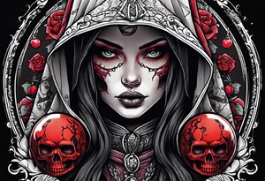 Bright bold Neo traditional tattoo scarred hooded woman with skulls and blood Holding a sphere tattoo idea