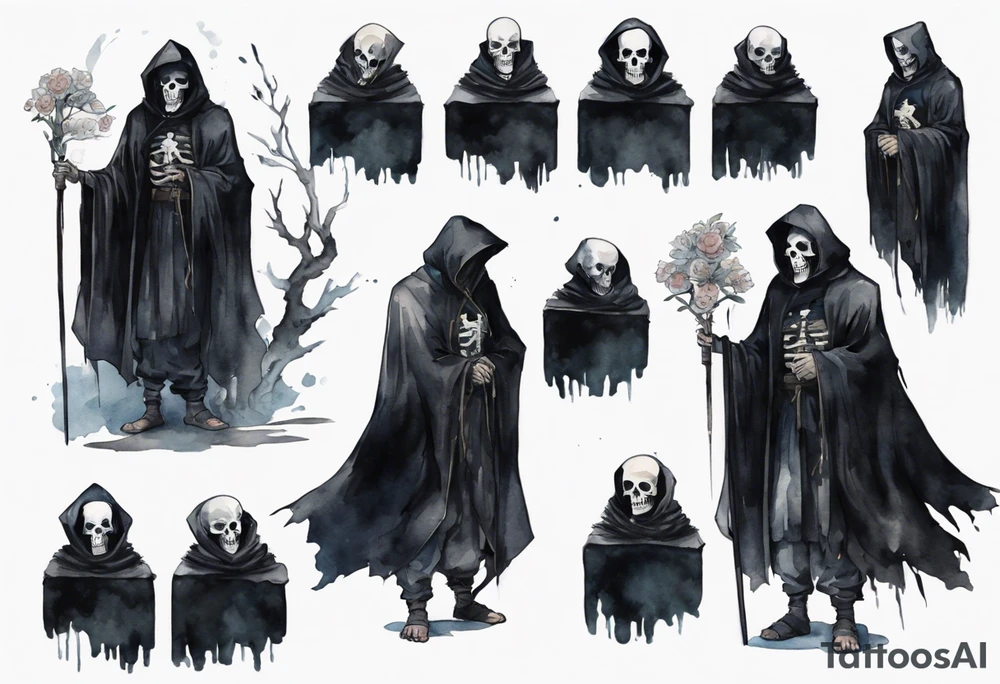 a thin medieval man in a black cloak wearing a skull mask, standing alone in a gloomy place tattoo idea