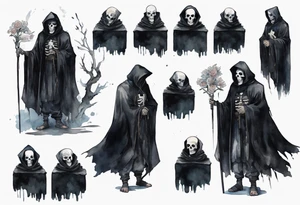 a thin medieval man in a black cloak wearing a skull mask, standing alone in a gloomy place tattoo idea