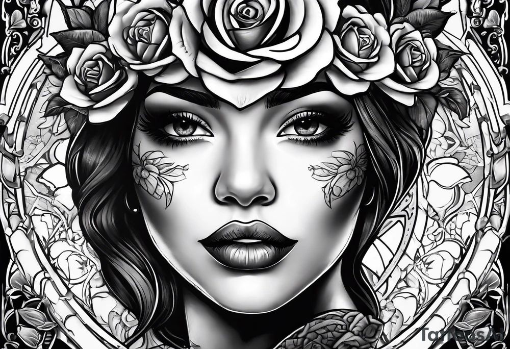 Hispanic/ Latin  woman  with half skull face, roses, loving heART, strength,  cancer zodiac , time heals all tattoo idea