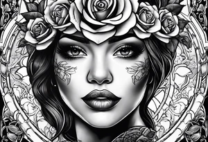 Hispanic/ Latin  woman  with half skull face, roses, loving heART, strength,  cancer zodiac , time heals all tattoo idea