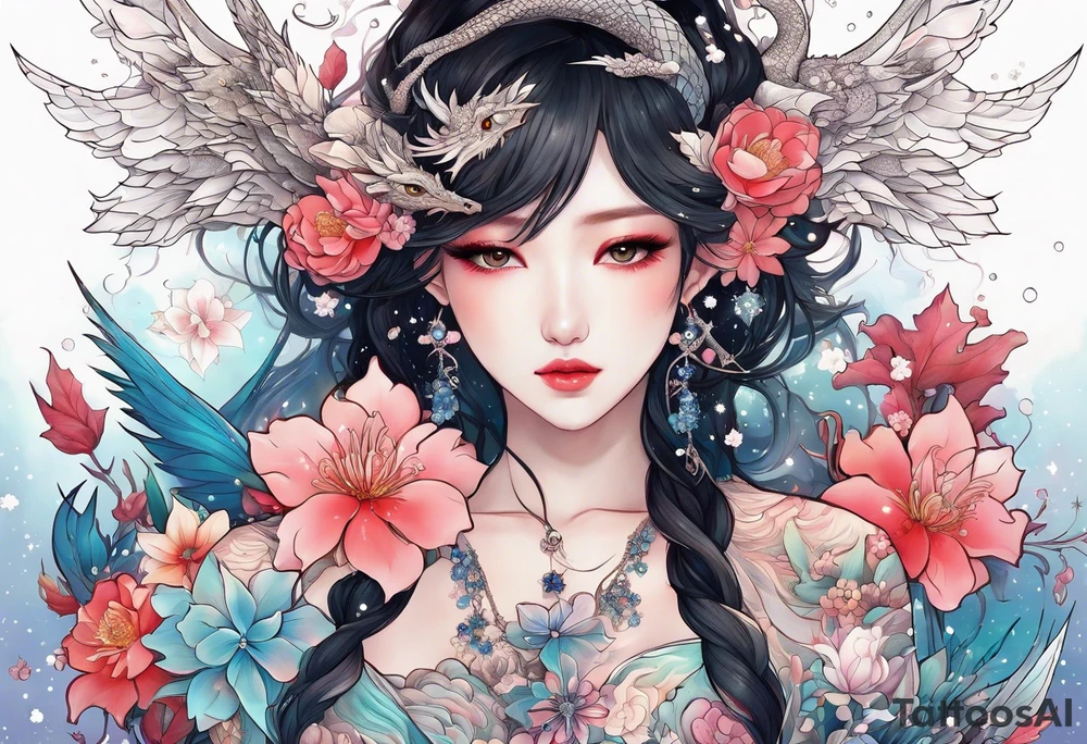 Constellation, wing , snow , cross , dragon female japan kawaii , flower tattoo idea