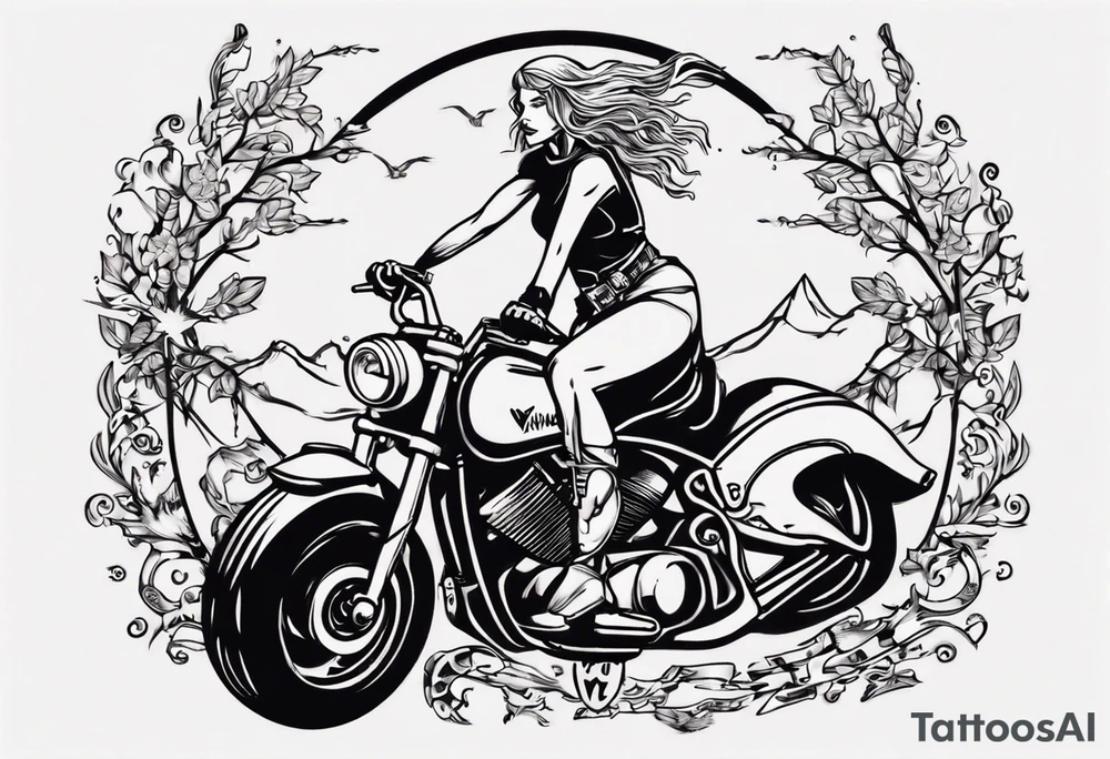 i want a tattoo of a girl riding a motorcycle with the words “Viking Customs” tattoo idea