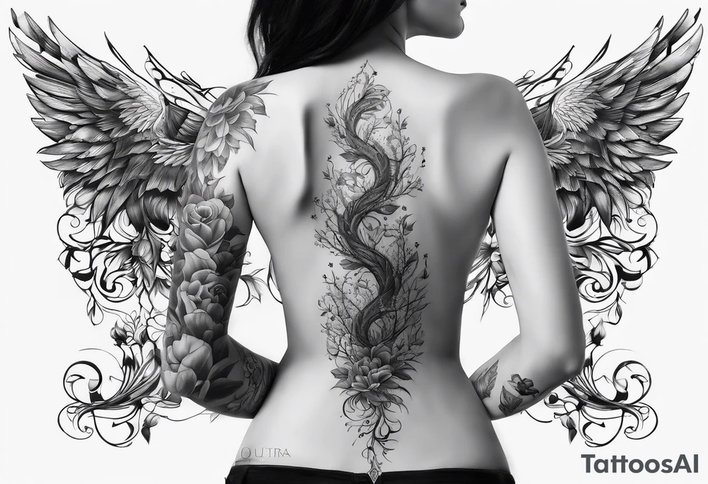 Spine tattoo of a woman trying to reach the surface tattoo idea