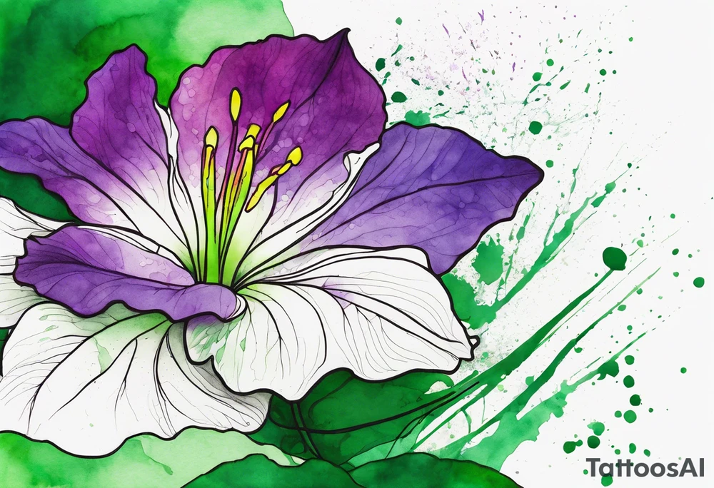 An outline of an only green rio dipladenia flower and a green and purple watercolor splash in the background tattoo idea