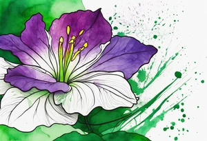 An outline of an only green rio dipladenia flower and a green and purple watercolor splash in the background tattoo idea