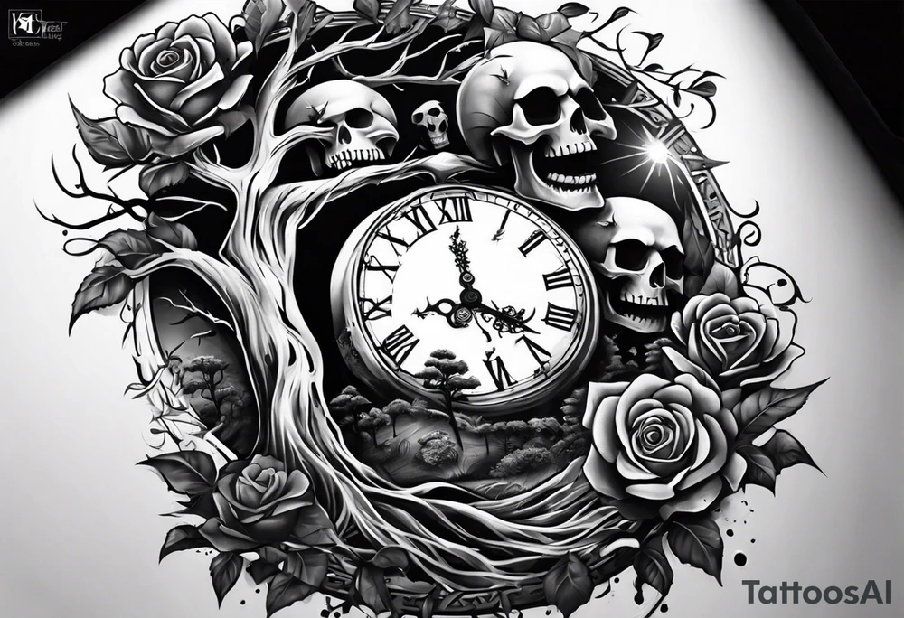 tattoo fool sleeve, tree roots break out of the chains, broken mask, clock with flying numbers, girl, skull, roses tattoo idea
