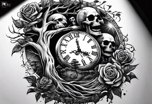 tattoo fool sleeve, tree roots break out of the chains, broken mask, clock with flying numbers, girl, skull, roses tattoo idea