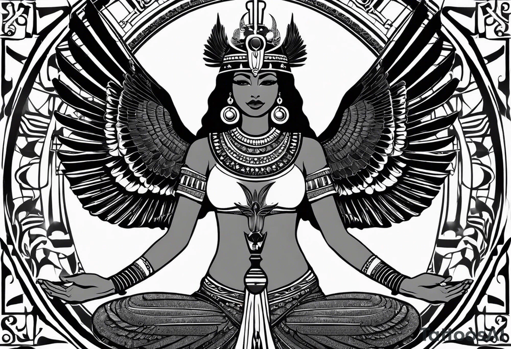 black and white Egyptian goddess Isis, who is often depicted as a woman with outstretched wings, holding an ankh (a symbol of life) in one hand and a lotus flower in the other. Her headdress often includes a throne or a solar disk. The tattoo design can vary in style and size, but it typically aims to capture the essence of this revered Egyptian deity, emphasizing her beauty, power, and maternal qualities. The choice of colors and additional elements can also be customized to create a unique and visually striking representation of the goddess Isis tattoo idea