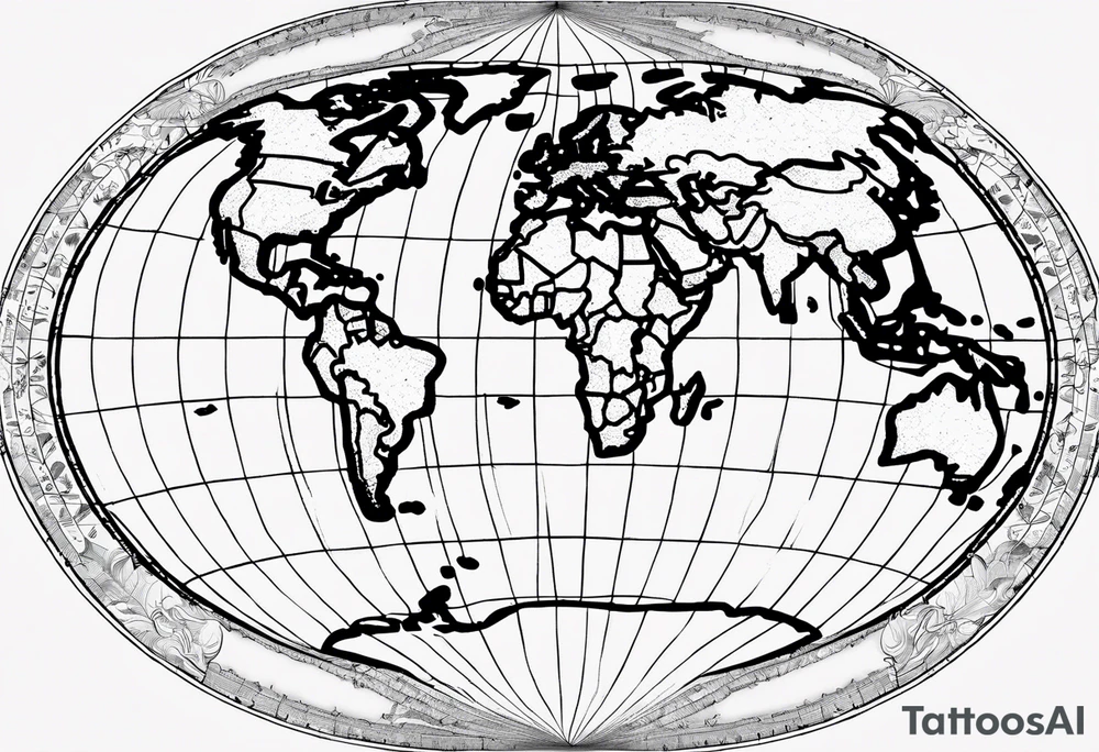 the earth on a flat map with no shading placed on a grid with only the lines with accurate depictions of the borders in countries while having it in an oval/circular position on a grid without any borders on the sides while having the countries not have such bold borders tattoo idea