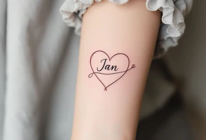 A delicate, outline heart with a flowing ribbon, containing the name "Jan" in elegant cursive, with soft pastel pink and gold accents. tattoo idea