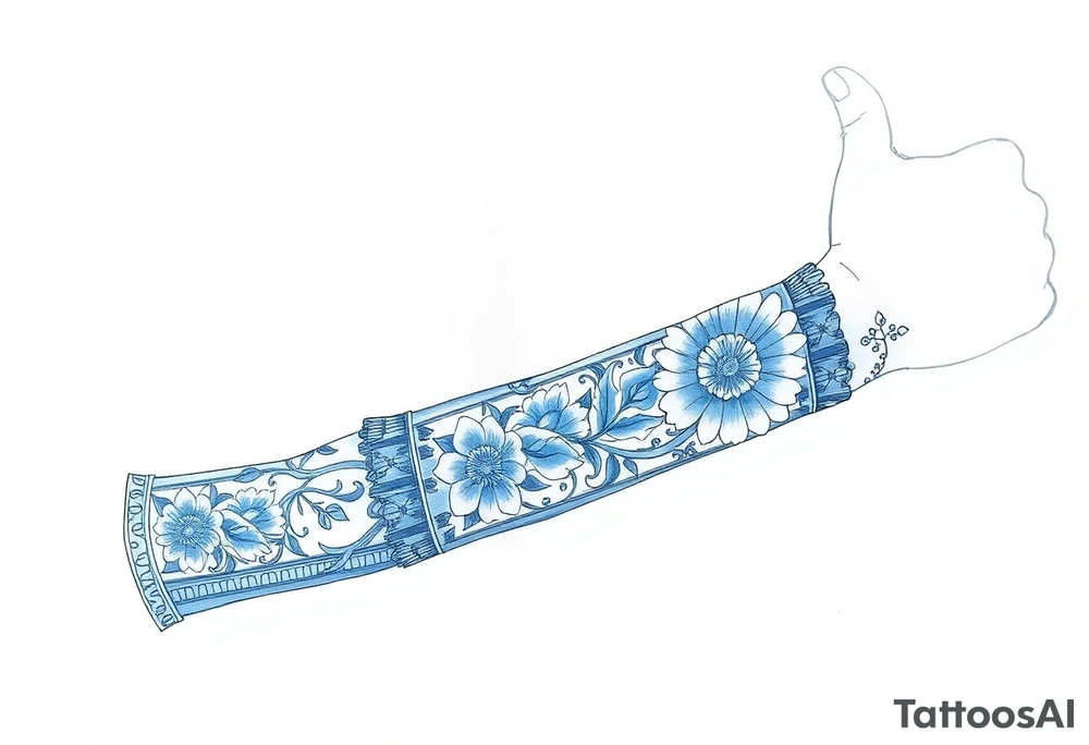 forearm sleeve porcelain blue style with ornate and floral decor with a detailed banded border at the wrist and elbow. tattoo idea