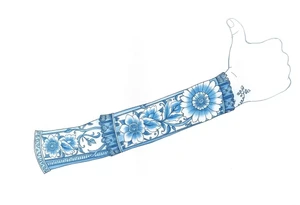 forearm sleeve porcelain blue style with ornate and floral decor with a detailed banded border at the wrist and elbow. tattoo idea