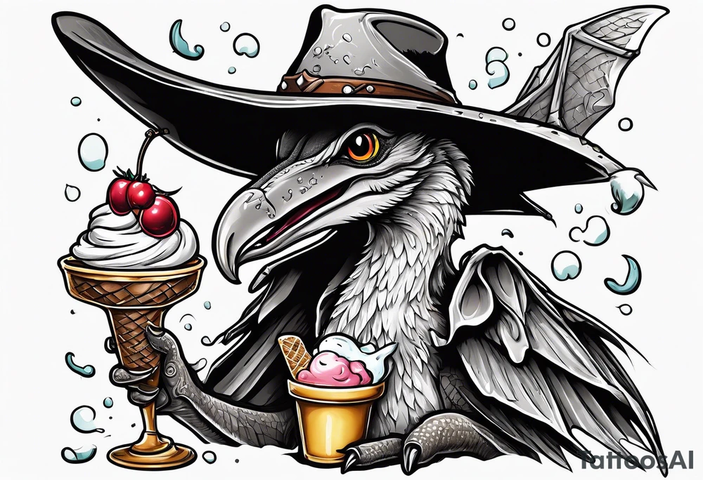 Pterodactyl wearing a cowboy hat eating ice cream sundae tattoo idea