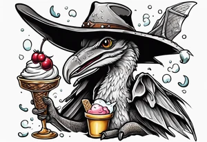 Pterodactyl wearing a cowboy hat eating ice cream sundae tattoo idea